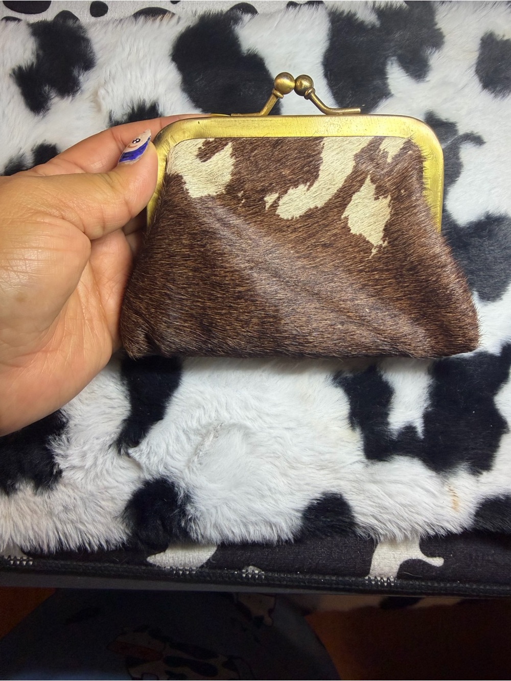 Hair-On-Hide Coin Purse Wallet - Brown Cream with Brass Frame